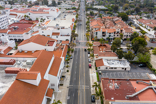 Aerial image of Downtown Santa Barbara- taken during the morning in Santa Barbara County.