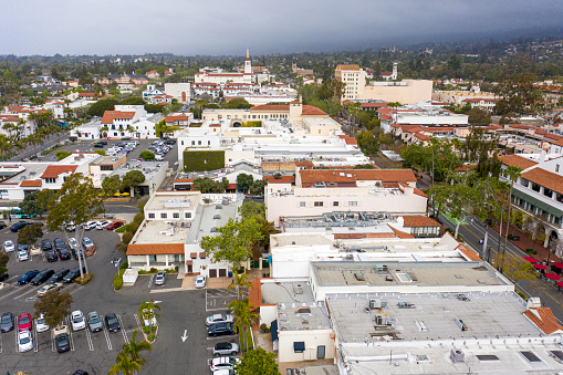 Aerial image of Downtown Santa Barbara- taken during the morning in Santa Barbara County.