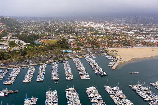 Aerial of Santa Barbara Harbor- taken during the morning in Santa Barbara County.
