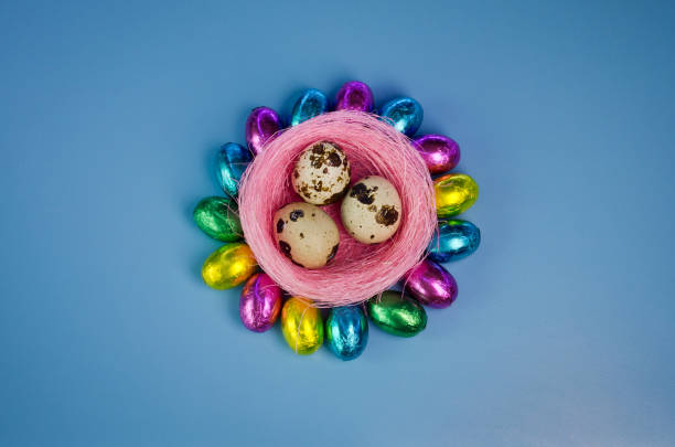 Easter greeting card with traditional colorful chocolate easter eggs