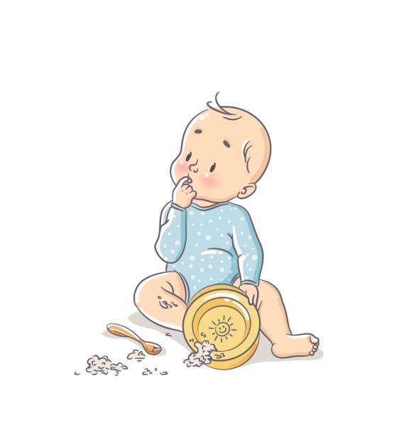 stockillustraties, clipart, cartoons en iconen met leuke kleine babyjongenzitting op vloer en het maken van een puinhoop met zijn voedsel. - jongen peuter eten