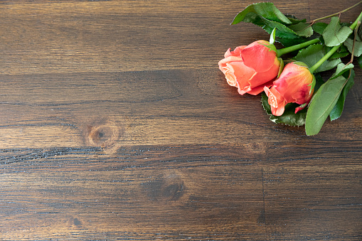 Top view of two pink orange color roses on a wooden surface with copy space.