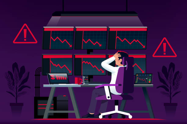 ilustraciones, imágenes clip art, dibujos animados e iconos de stock de un operador de acciones o comerciante de divisas hace un menor beneficio de la negociación en un rango malo. - caída de la bolsa de acciones