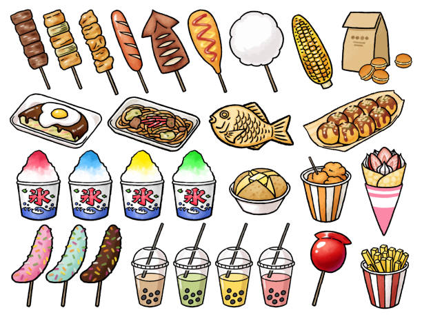 [elle boyanmış vektör gıda illüstrasyon malzemesi] fuarlar, festivaller ve yemek tezgahları için yiyecek seti - yakitori stock illustrations