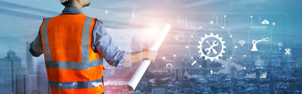 istock Double exposure image of construction engineer, architect or holding blueprint analyzing and construction icon on city background. 1312892458