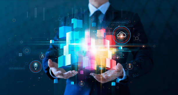 homme d’affaires retenant le réseau de chaîne de bloc et l’informatique en nuage en ligne se connectant à l’innovation de big data de la technologie. l’analyse et le stockage de données de renseignement développent une décision intelligente d - parrainage photos et images de collection