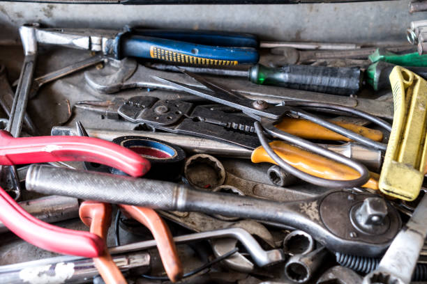 istock Old Box with tools equipment on floor against for Fix mechanic motor in workshop inustrial 1312895246