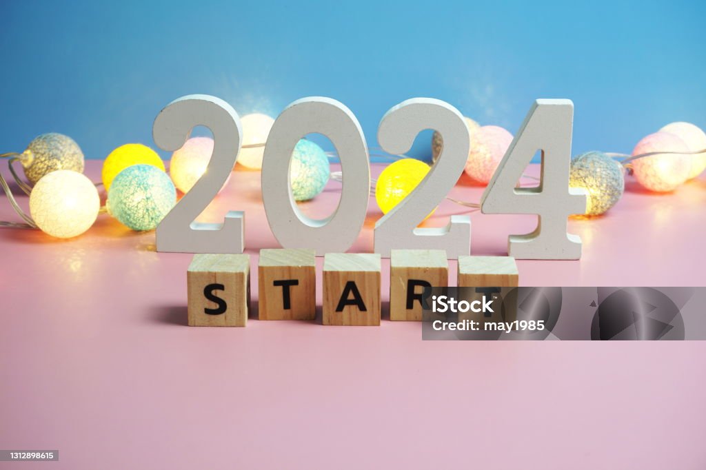 Start 2025 Word Alphabet Letters On Pink And Blue Background Stock