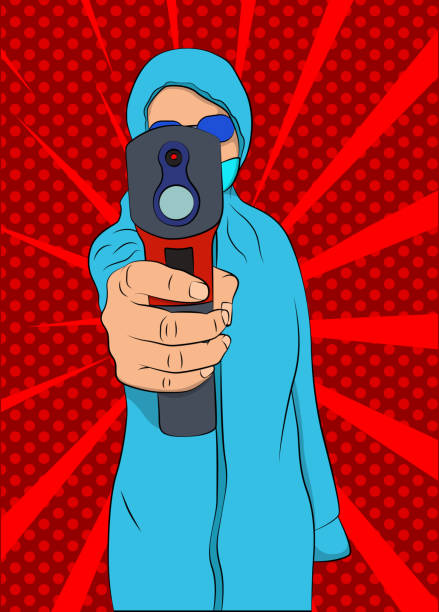 istock Woman in protective suit with thermometer measure temperature. 1312902426