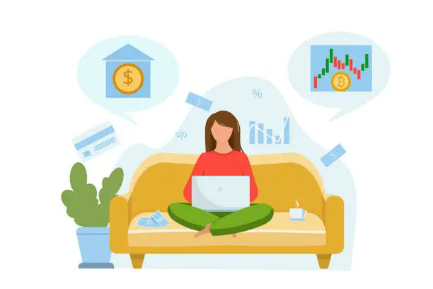 Vector illustration of The girl sits on the couch and thinks about where to invest the money. Invest money in a bank or in cryptocurrency Vector flat illustration