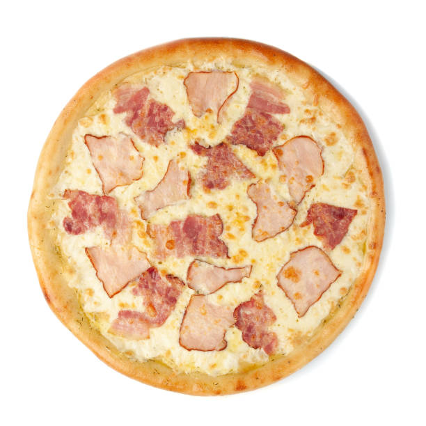 istock Pizza Carbonara with delicate chop, bacon and mozzarella cheese. View from above. White background. Isolated. 1312907671
