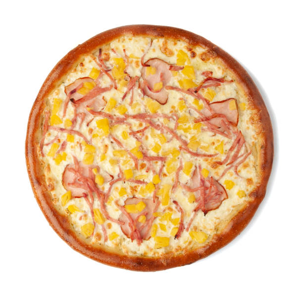 istock Hawaiian pizza with
ham chop, pineapple, mozzarella cheese, top view. White background. Isolated. 1312907688