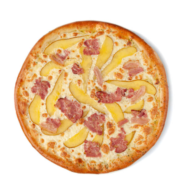 istock Pizza with pear, bacon and mozzarella cheese. View from above. White background. Isolated. 1312907702