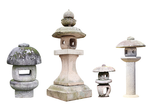 Set of traditional Japanese stone lanterns. Collection of oriental old stone lantern. Isolated on white background