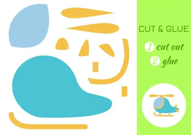 Vector illustration of Cut and glue paper cartoon turquoise helicopter. Cut and paste craft activity page. Educational game for preschool children. DIY worksheet. Kids logic game, activities jigsaw. Vector stock illustration.