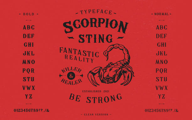 Font Scorpion Sting. Craft retro vintage typeface Font Scorpion Sting. Craft retro vintage typeface design. Graphic display alphabet. Fantasy type letters. Latin characters, numbers. Vector illustration. Old badge, label, logo template. tattoo fonts stock illustrations