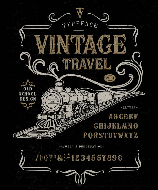 Vector illustration Font Vintage Travel Steam locomotive Font Vintage Travel. Craft retro vintage typeface design. Graphic display alphabet. Fantasy type letters. Latin characters, numbers. Vector illustration. Old badge, label, logo template. fairy tale font stock illustrations