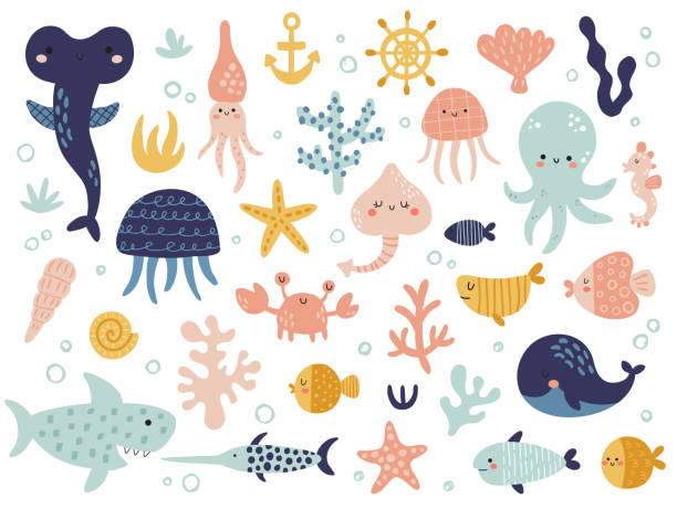 big vector set of cute underwater animals vector set of cute underwater animals, fish collection for kids, children clip art for textile, decoration, posters, etc sea life stock illustrations