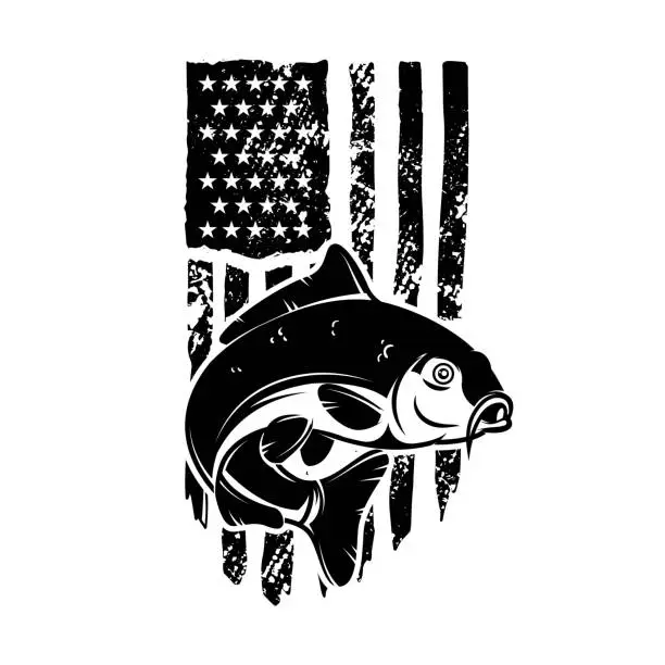 Vector illustration of Carp fish on american flag background . Design element for label, sign, emblem, poster. Vector illustration