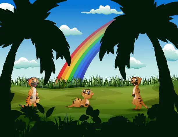 Vector illustration of Cartoon thee of meerkats in the green field