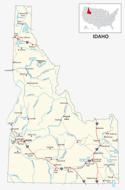 «дорожная карта» американского штата айдахо - idaho boise map cartography stock illustrations