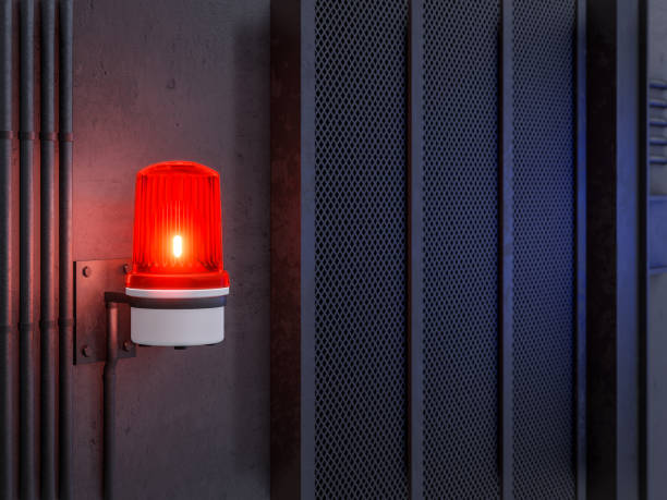 istock Red siren light warning activation on industrial loft style wall background 3d render 1312914880