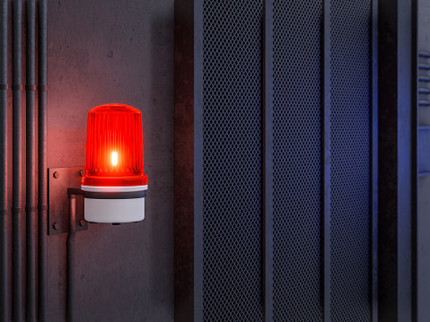 Red siren light warning activation on industrial loft style wall background 3d render illustration