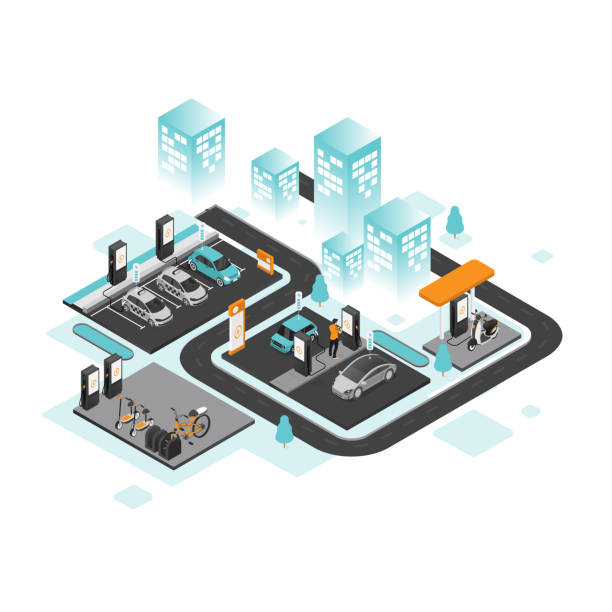 Art & Illustration Isometric electric recharging point, car and man. Electric vehicle charging technology phone charging station icon stock illustrations