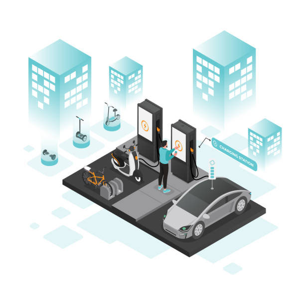 Art & Illustration Isometric electric recharging point, car and man. Electric vehicle charging technology cartoon of the mobile phone charger stock illustrations