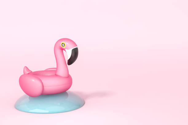 istock Pink Flamingo float, tropical bird shape inflatable swimming pool ring is floating on the water drop with pastel pink background 3d rendering. 3d illustration Summer minimal concept. 1312919201