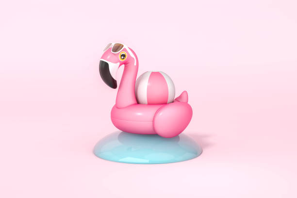 istock Pink Flamingo float, tropical bird shape inflatable swimming pool ring is floating on the water drop with pastel pink background 3d rendering. 3d illustration Summer minimal concept. 1312919242