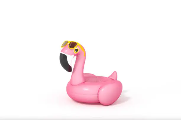 Pink Flamingo float, tropical bird shape inflatable swimming pool ring with Sunglasses on white background 3d rendering. 3d illustration Summer minimal concept.
