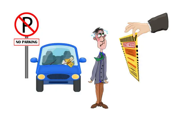 Vector illustration of Driving rules violation. Pay fine. Penalty notice to driver concept. Warden hand holding violation ticket.