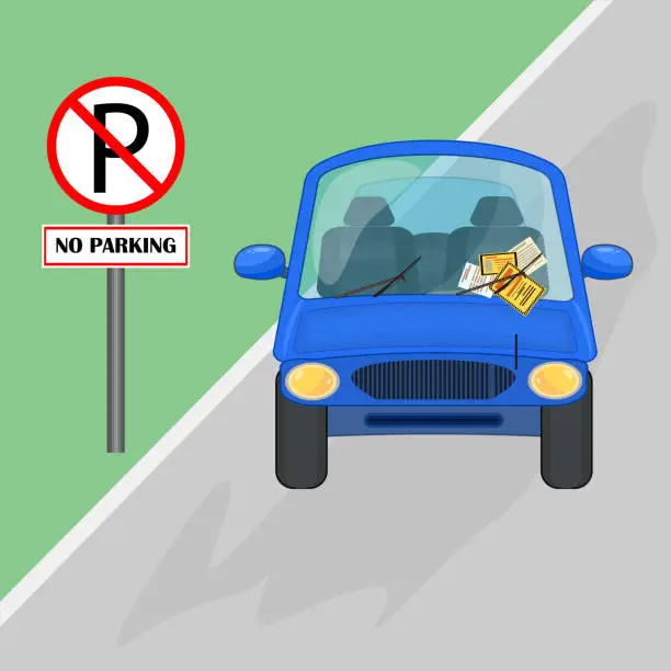 Vector illustration of Parking violation ticket fine placed on the car windshield, under wiper. Car is parked to no parking sign.
