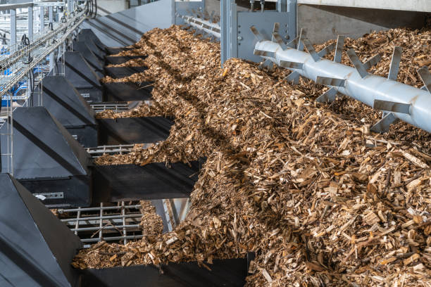 Biofuel boiler house wood chips transportation system stock photo