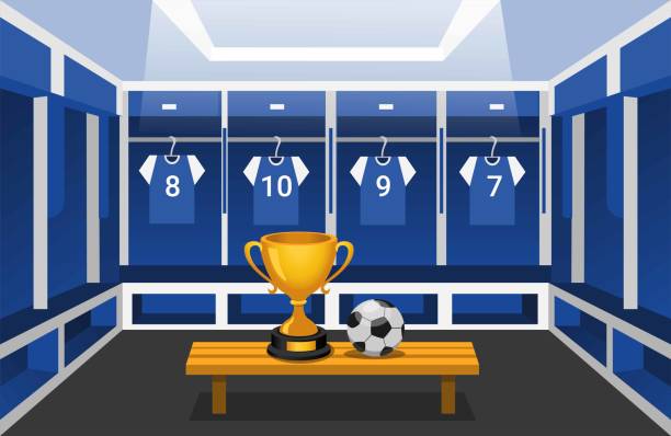 ilustraciones, imágenes clip art, dibujos animados e iconos de stock de vestuario de fútbol con palpitación y pelota. ganar el concepto de escena de club de equipo deportivo en vector de ilustración de dibujos animados - locker room