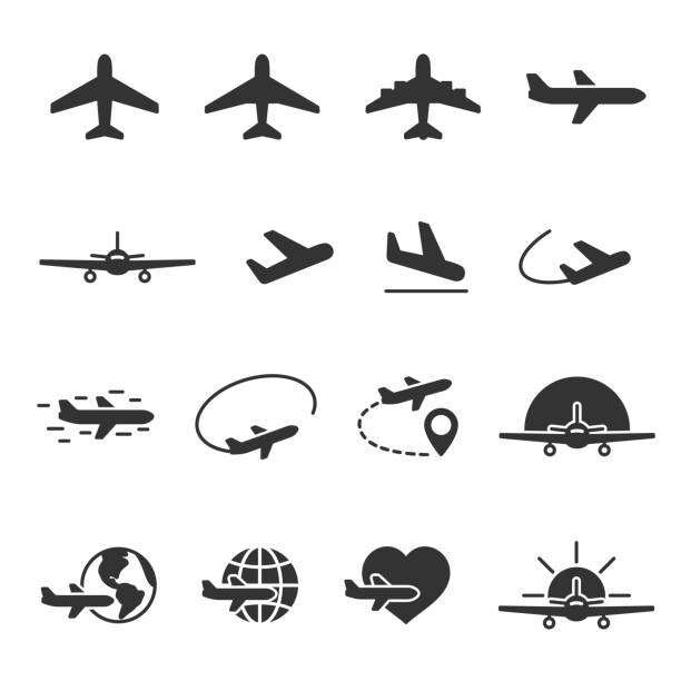 ilustraciones, imágenes clip art, dibujos animados e iconos de stock de conjunto de imágenes vectoriales de iconos de plano. - direction air vehicle commercial airplane equipment