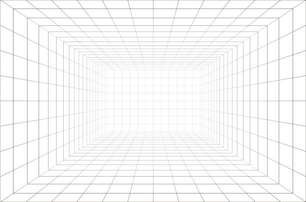 Wireframe room 3d wireframe room perspective grid. domestic room stock illustrations