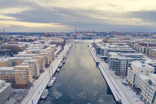 Winter view of the canal between Södermalm and Hammarby Sjöstad in Stockholm, Sweden.