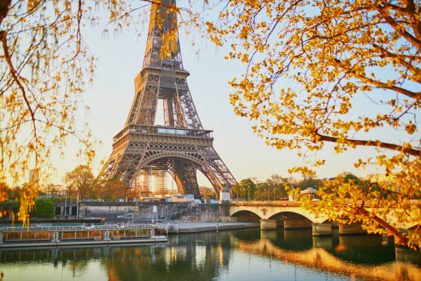 istock Scenic view of the Eiffel tower and tree branches with first leaves at early morning 1312926822