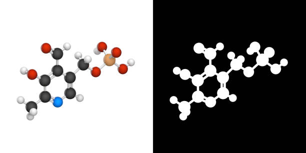Molecular structure of Vitamin B6(Pyridoxal phosphate). 3D illustration. Chemical structure model: Ball and Stick. RGB + Alpha(Transparent) channel.