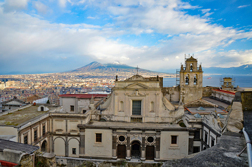 Naples, Italy, 01/06/2017. Panoramic view of the old town from the terrace of a medieval castle.