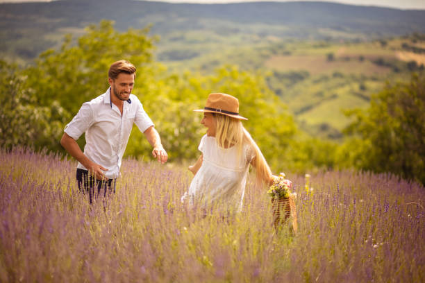 istock Couple in lavender field. 1312929557