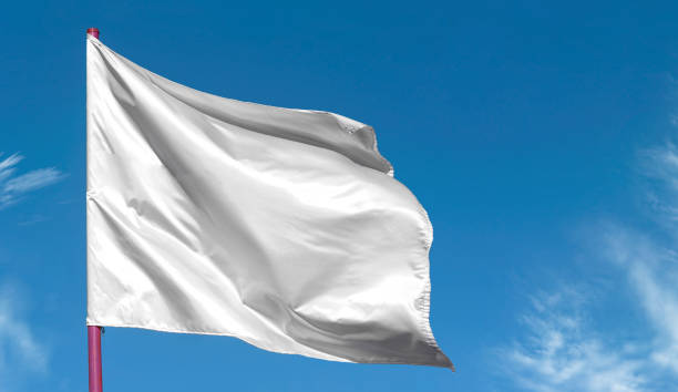 Clean blank white flag on flagpole against blue sky, as background for text