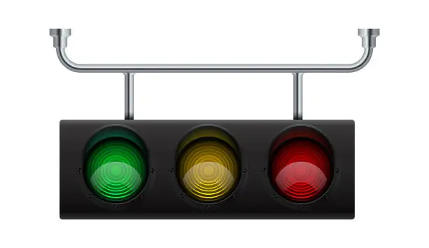 Vector illustration of Traffic light. Realistic city stoplight. 3D hanging electric equipment for regulation transport moving. Vector glow of lamps controls movement of vehicles on roads and intersections