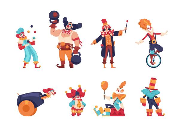 ilustrações de stock, clip art, desenhos animados e ícones de clowns. cartoon jokers and jesters comedians with funny faces. circus artists performing tricks. jugglers entertaining children at birthday parties and carnival shows. vector actors set - entertainment clown child circus