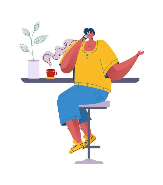 Vector illustration of Coffee break. Man drinks hot beverage. Cartoon character sitting at tables and communicating. Young male talking on smartphone in cafe or bar. Vector boy holding cup with rising steam