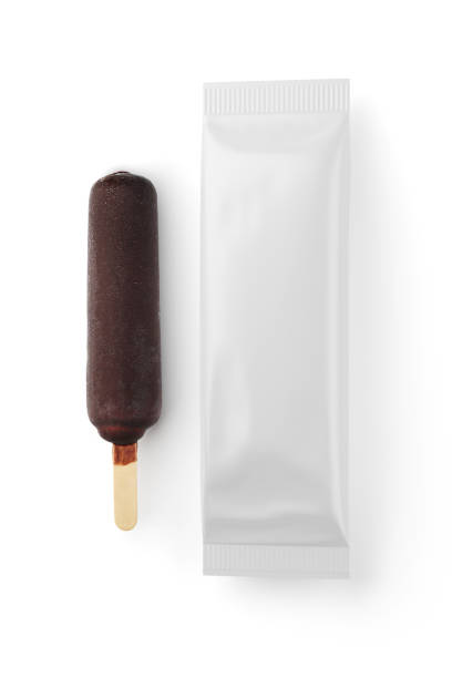 istock Brown chocolate popsicle and clean package isolated on white. 3D rendering. 1312932602