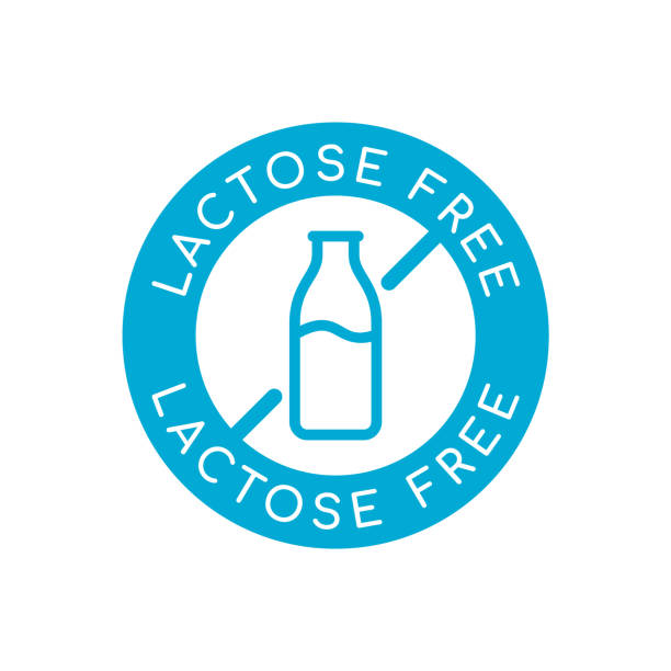 Lactose free sign, icon, logo. Round badge with milk bottle crossed out. Dairy free product label. Blue no lactose stamp. Lactose intolerance. Food packaging symbol. Vector illustration, flat,clip art lactose fermentation stock illustrations
