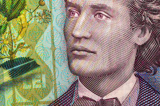 Selective focus on detail of LEI banknotes. Close up macro detail of Romanian LEI banknotes. World money concept, inflation and economy concept
